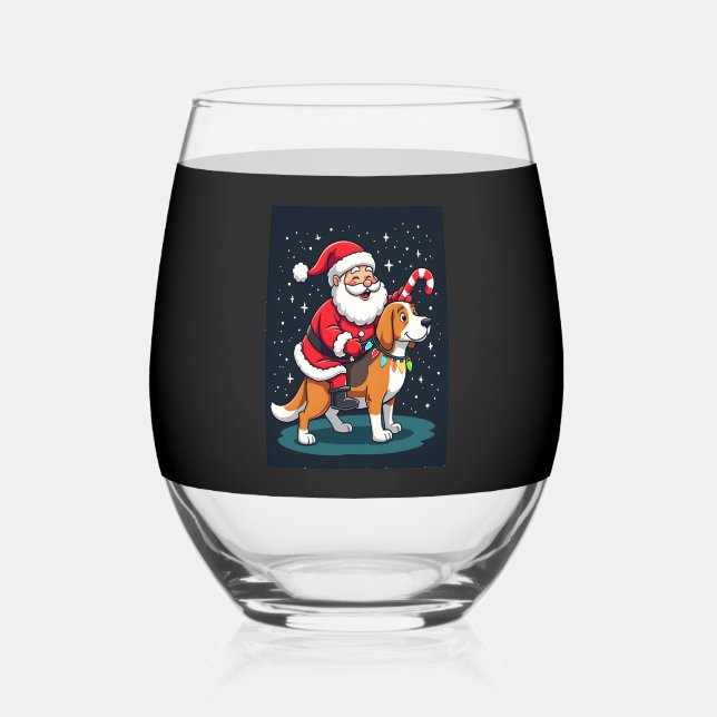 Verre À Vin Sans Pied Beagle Xmas Éclairage Père Noël équitation Beagle  (Recto)