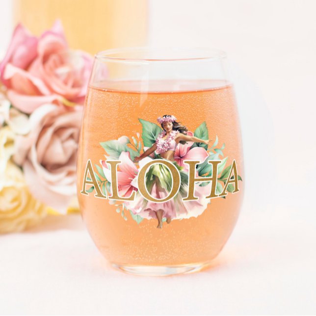 Verre À Vin Sans Pied Belle aquarelle Hula Girl Aloha Hawaiian (Créateur téléchargé)