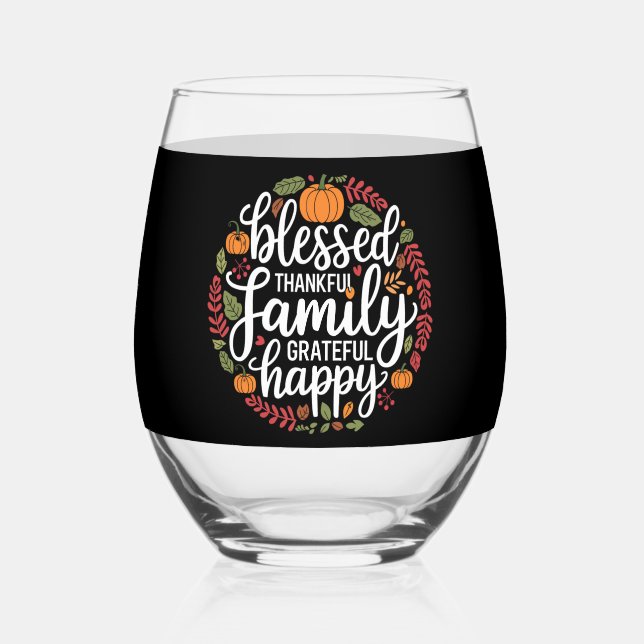 Verre À Vin Sans Pied Bienheureux Thanksgiving en famille (Verso)
