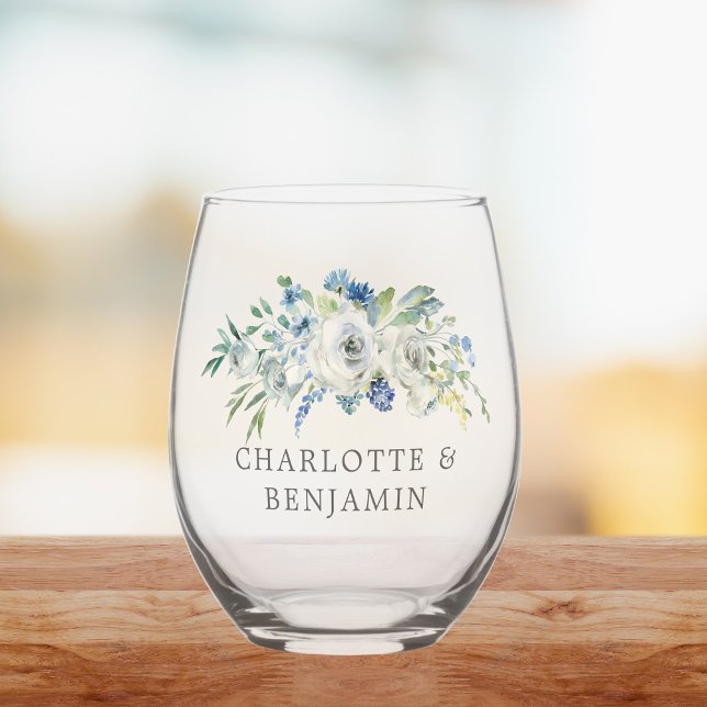 Verre À Vin Sans Pied Bleu blanc pivoine Floral Custom Printemps Mariage (Créateur téléchargé)