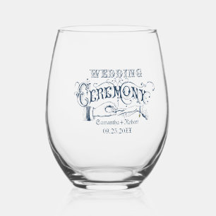Verre À Vin Sans Pied Bleu Cérémonie Mariage Typographie Vintage