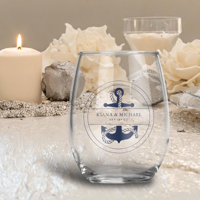 Verre À Vin Sans Pied Blue Wave Ancre Mariage V2 Navy ID836 (Créateur téléchargé)