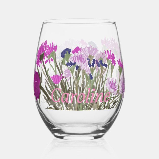 Verre À Vin Sans Pied Boho coloré Jolies fleurs de printemps +Nom person (Recto)