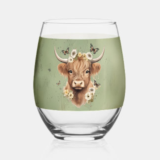 Verre À Vin Sans Pied Boho Floral Vache écossaise avec Ferme Vert