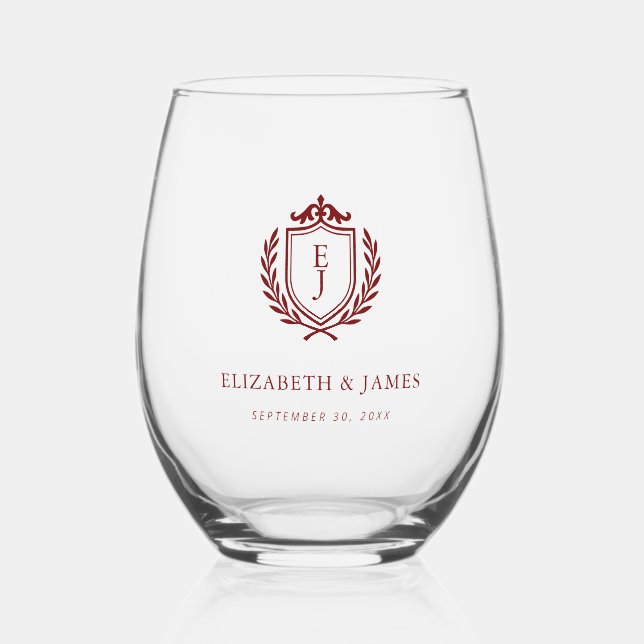 Verre À Vin Sans Pied Burgundy Crest Wedding Welcome, Custom Initials (Verso)