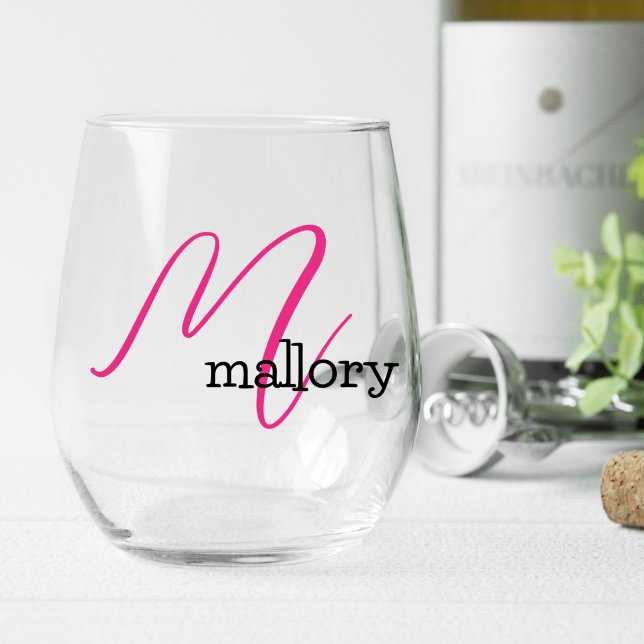 Verre À Vin Sans Pied Cadeau de demoiselle d'honneur, Monogramme moderne (elegant minimalist stemless wineglass with monogram initial in a pink script font)