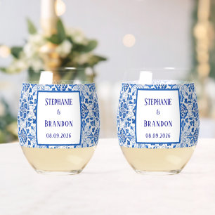 Verre À Vin Sans Pied Carreaux Portugais Mariage Méditerranéen Bleu