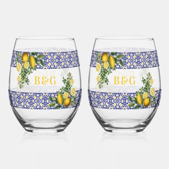 Verre À Vin Sans Pied Carrelage bleu blanc jaune méditerranéen Mariage c (Recto)