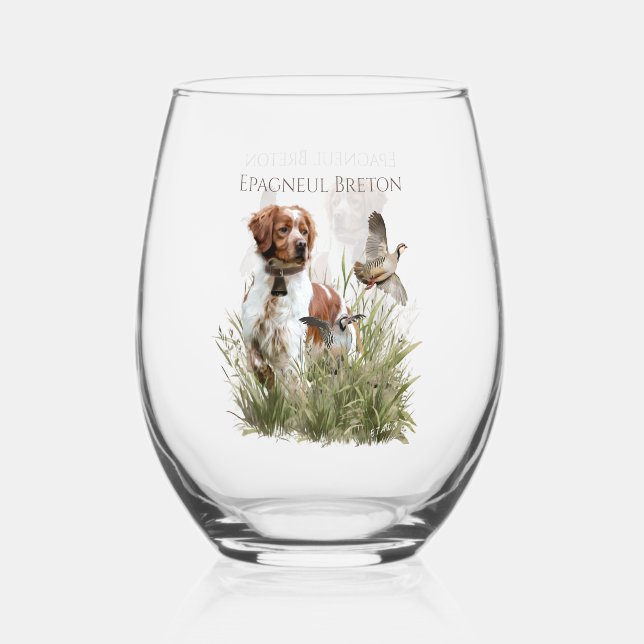 Verre À Vin Sans Pied Chasse avec un chien breton, Art (Recto)