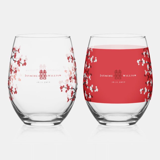 Verre À Vin Sans Pied Cherry Blossoms & Double Bonheur Mariage chinois (Recto)