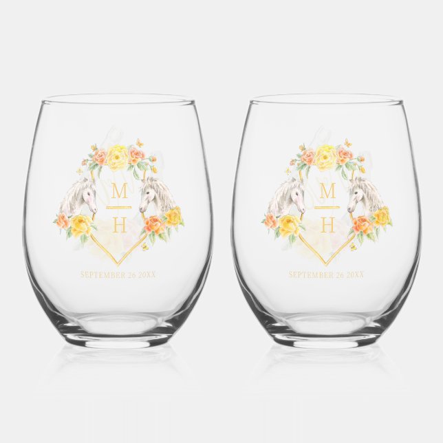Verre À Vin Sans Pied Chevaux rose jaune monogramme M. et Mme mariage (Recto)