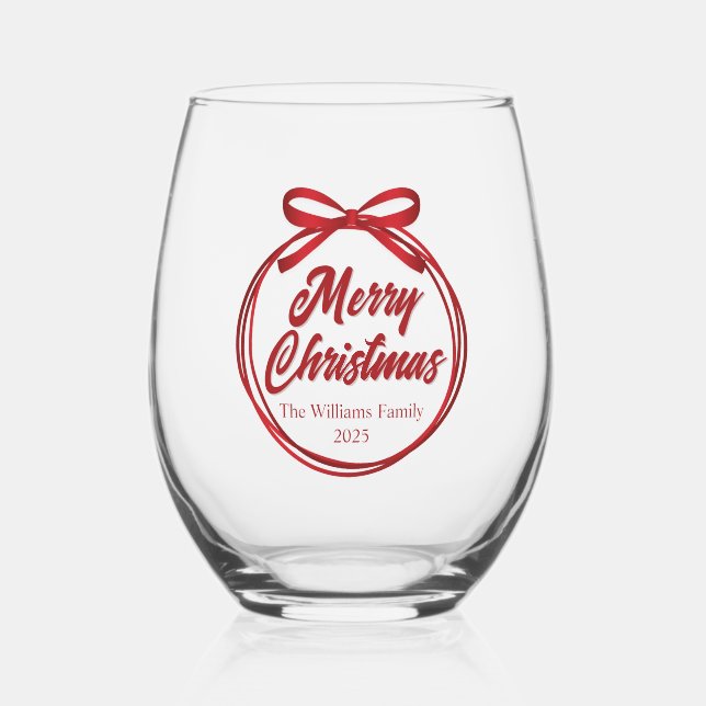 Verre À Vin Sans Pied Chic Joyeux Noël Rouge Ruban Bow Personnalisé (Recto)