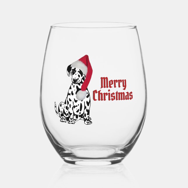 Verre À Vin Sans Pied Chien dalmate rouge Casquette Joyeux Noël (Recto)