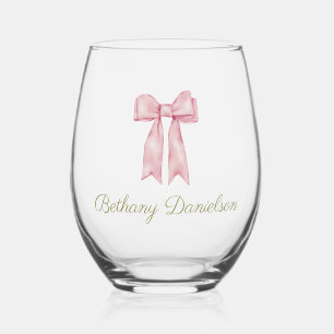 Verre À Vin Sans Pied Coquette Cute Aquarelle Rose Bow Personnalisé
