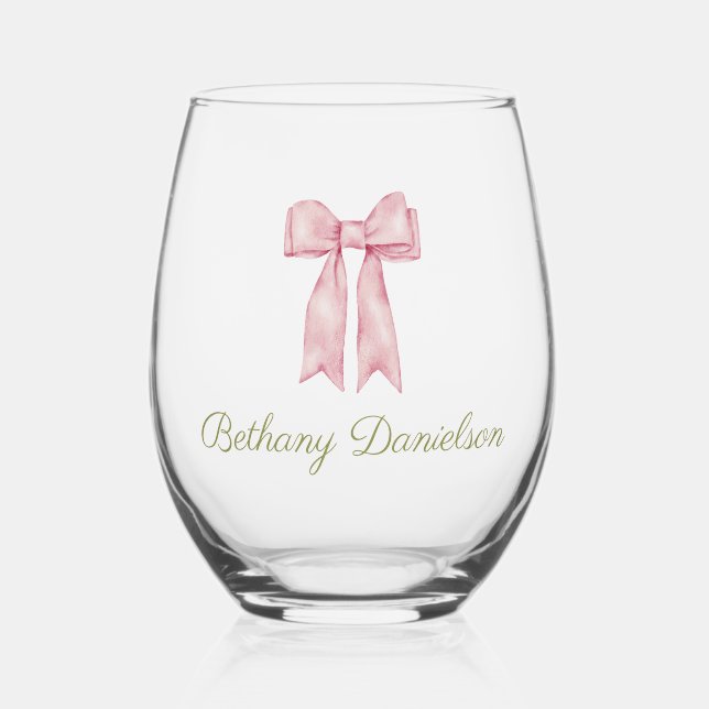 Verre À Vin Sans Pied Coquette Cute Aquarelle Rose Bow Personnalisé (Recto)