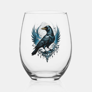Verre À Vin Sans Pied Corbeau noir majestueux assis sur un orné