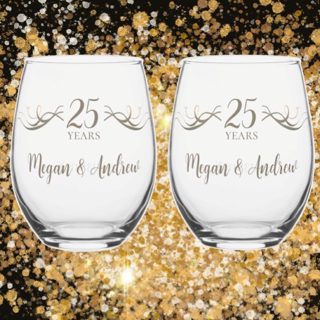 Verre À Vin Sans Pied Couples personnalisés Noms 25e Anniversaire Gardie (Custom keepsake wedding anniversary gift.  Unique modern art couples name date 25 years personalize)