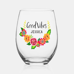 Verre À Vin Sans Pied Courbe à fleurs colorées Moderne Good Vibes Nom