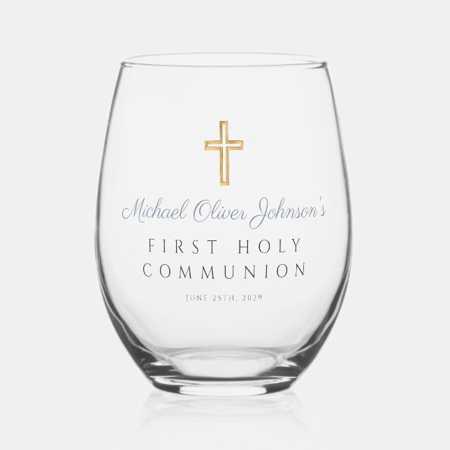 Verre À Vin Sans Pied Croix Bleue Dusty Religion Garçon Première Communi (Recto)