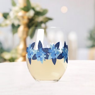 Verre À Vin Sans Pied Design floral élégant monochromatique bleu