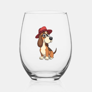 Verre À Vin Sans Pied Dessin animé vintage Basset Hound au chapeau rouge
