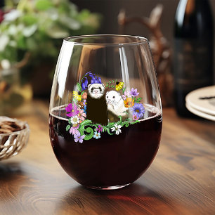 Verre À Vin Sans Pied Douce Paire de Furets Floraux Bleus Fantaisistes