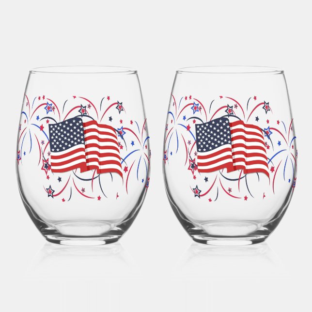 Verre À Vin Sans Pied Drapeau américain et feux d'artifice (Recto)