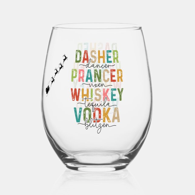 Verre À Vin Sans Pied Drôle Noël Tumbler Dasher Prancer Blitzen (Recto)