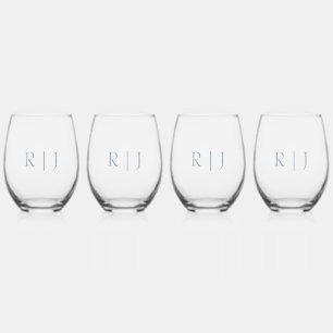 Verre À Vin Sans Pied Dusty Blue Monograms Minimal Mariage Cadeau Favori