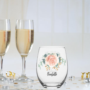 Verre À Vin Sans Pied Écriture de nom floral or rose