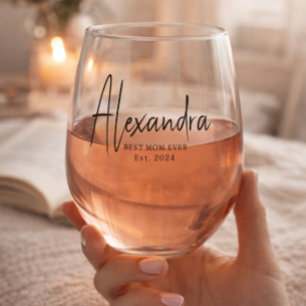 Verre À Vin Sans Pied Écriture noire Meilleure maman établie à jamais Pe
