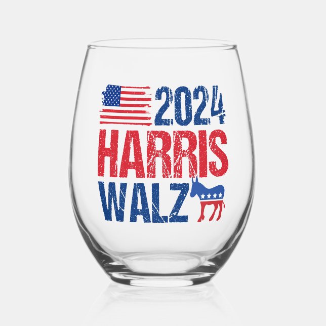 Verre À Vin Sans Pied Élection démocrate d'âne de Harris Walz 2024 (Recto)