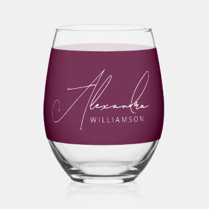 Verre À Vin Sans Pied Élégant Burgundy Blanc Moderne Calligraphie Nom