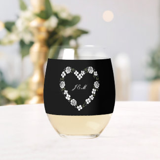 Verre à vin sans pied élégant coeur noir et blanc