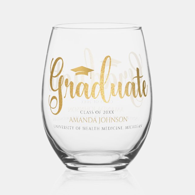 Verre À Vin Sans Pied Élégant Graduate Gold Nom personnalisé (Recto)
