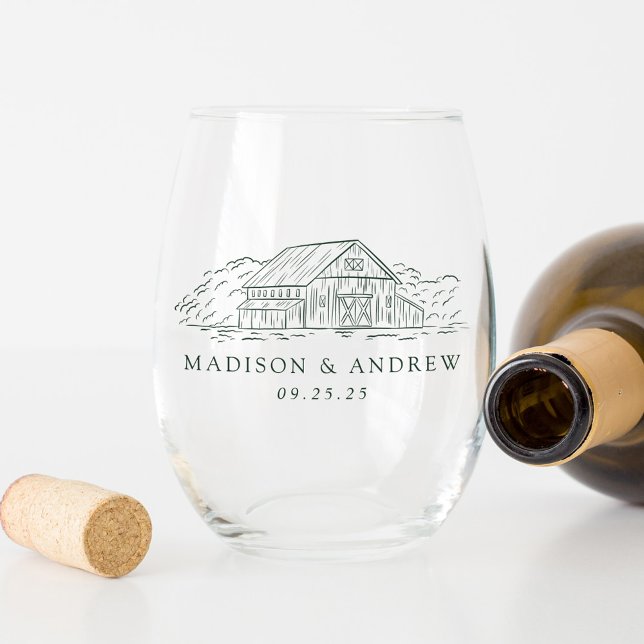 Verre À Vin Sans Pied Élégant Green Rustic Grange Mariage personnalisé (Créateur téléchargé)