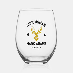 Verre À Vin Sans Pied Élégant Groomsmen Cadeau Cerf Tête Vintage Monogra