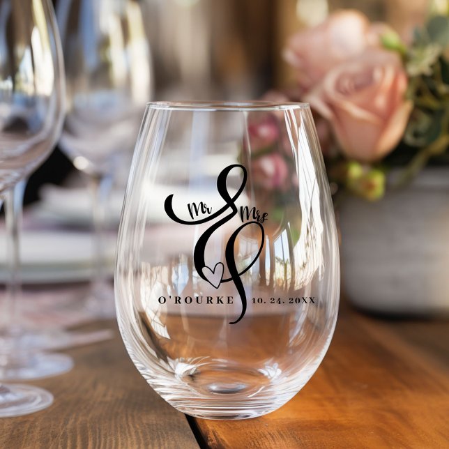 Verre À Vin Sans Pied Élégant M. & Mme Calligraphy Ampersand Mariage (Créateur téléchargé)
