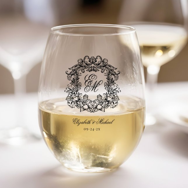 Verre À Vin Sans Pied Élégant Mariage Monogram Crest (Créateur téléchargé)