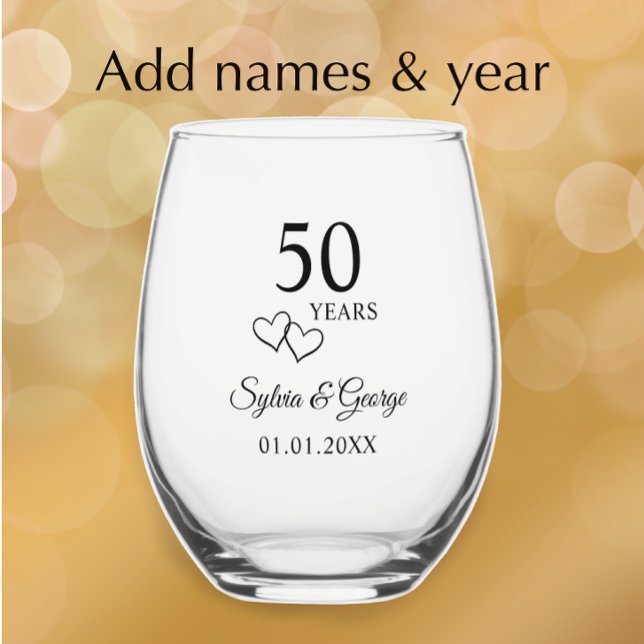 Verre À Vin Sans Pied Élégant moderne personnalisé 50e anniversaire Keep (Add couples names and 50th wedding anniversary date for a unique gift glass. Elegant personalized.)
