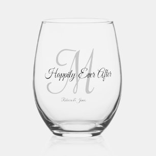 Verre À Vin Sans Pied Élégant Monogramme De Script Heureux Jamais Après
