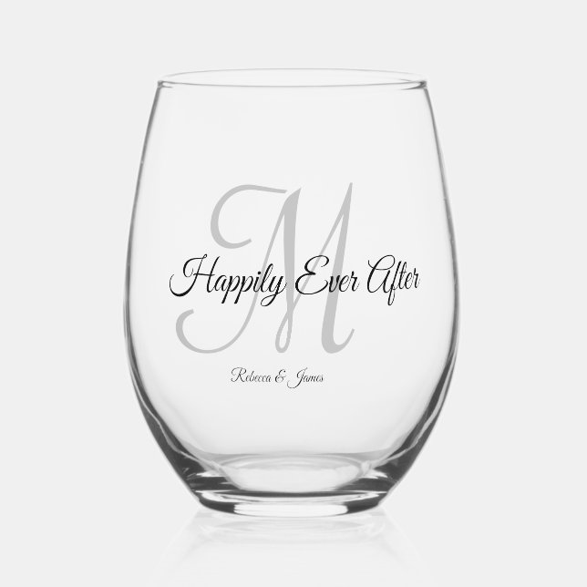 Verre À Vin Sans Pied Élégant Monogramme De Script Heureux Jamais Après  (Recto)