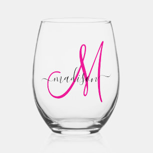 Verre À Vin Sans Pied Élégant Monogramme Hot rose noir Nom Script
