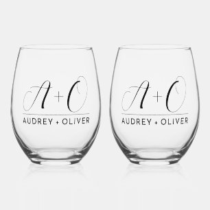 Verre À Vin Sans Pied Élégant Monogramme Mariage moderne