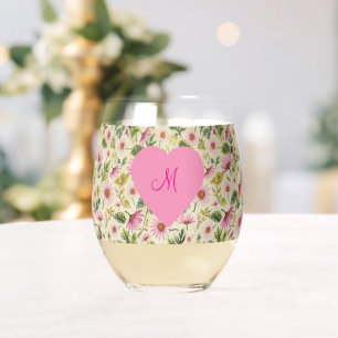 Verre À Vin Sans Pied Élégant Ressort floral Avec Coeur Monogramme