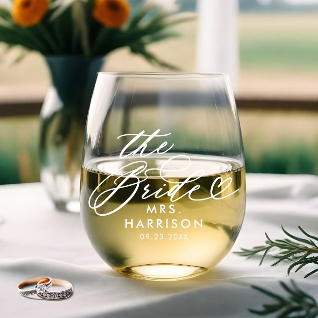 Verre À Vin Sans Pied Élégante mariée Script Mariées Nom Mariage Date (The Bride Elegant Script Brides Name Wedding Date Stemless Wine Glass)