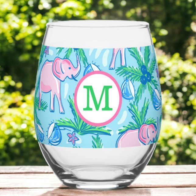 Verre À Vin Sans Pied Éléphant Rose Palmier Monogramme Prépa  (Créateur téléchargé)