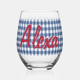 Verre À Vin Sans Pied En vichy bleu et blanc avec nom