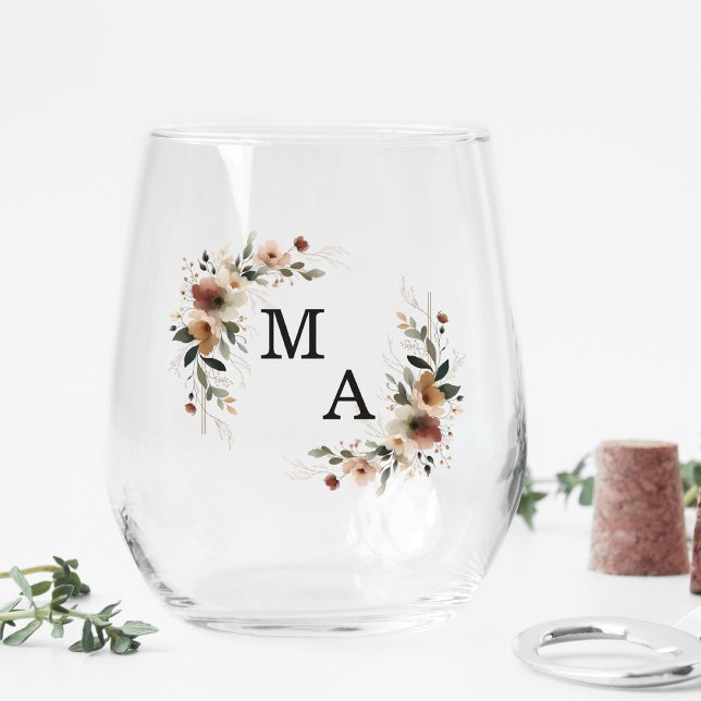 Verre À Vin Sans Pied Ethereal Elegance Boho Wreath Mariage Monogramme (Toast to forever with our monogrammed stemless wine glasses, beautifully personalized.)