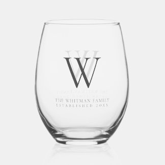 Verre À Vin Sans Pied Famille Monogramme Nom Charbon Moderne